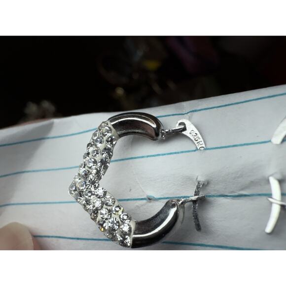 925 Sterling Silver Crystal Hoop Earrings Heart Pattern - Picture 7 of 9